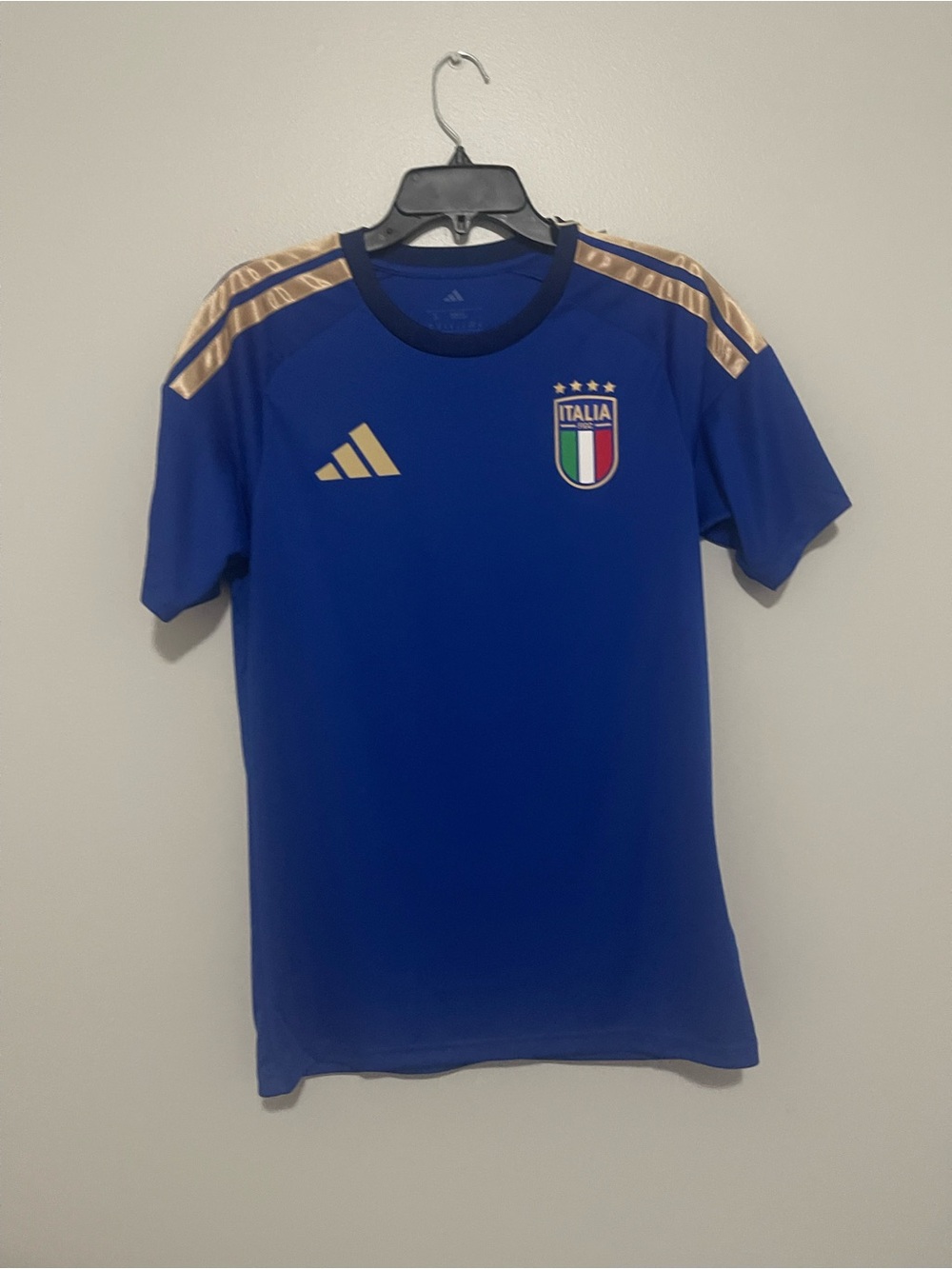 Adidas Blue Soccer Jersey with Gold Stripes